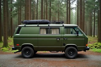 Van aménagé garé sur une route forestière en gravier entouré de pins, idéal pour le stationnement en pleine nature