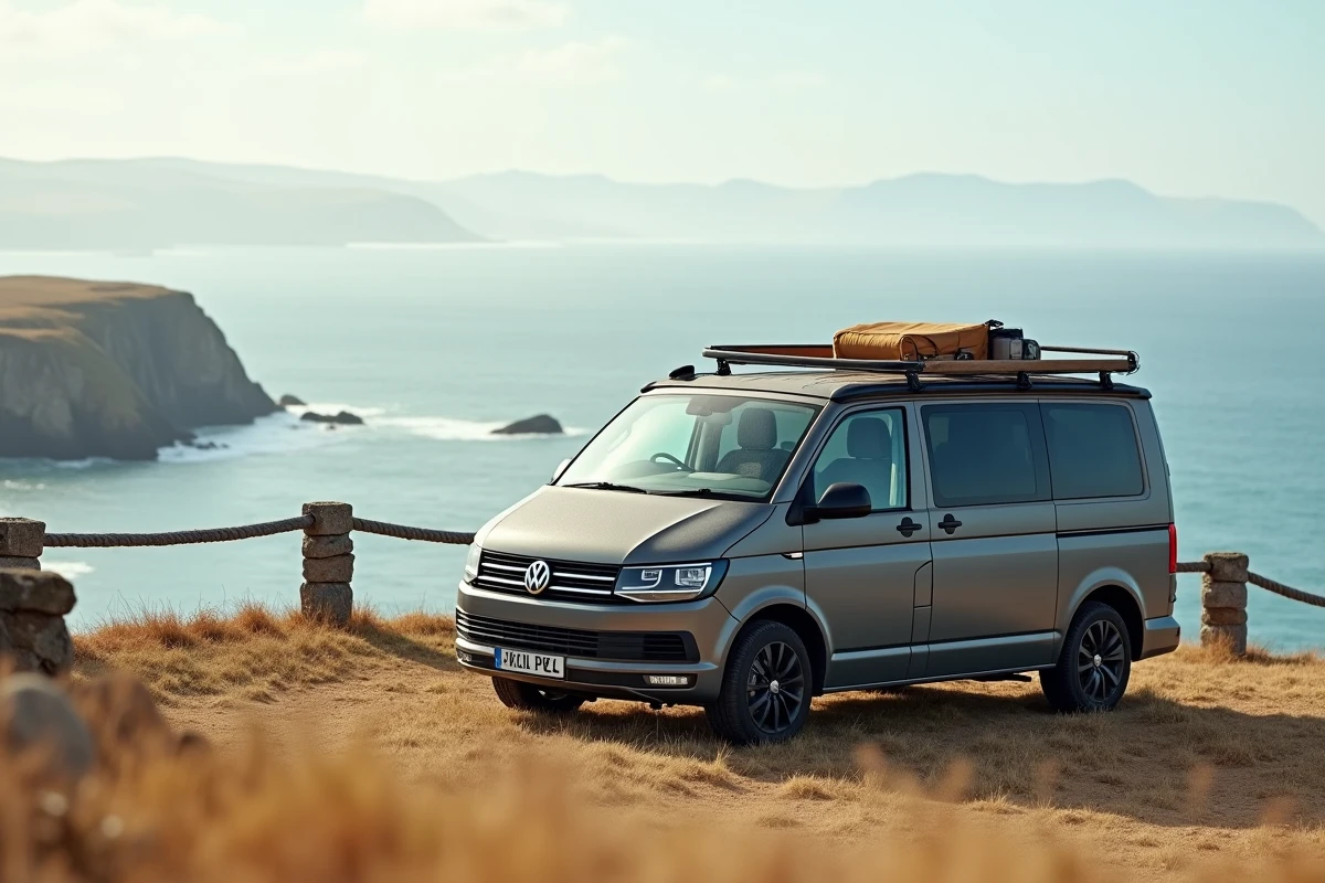 Van aménagé volkswagen garé sur un belvédère côtier avec vue sur l'océan et les falaises