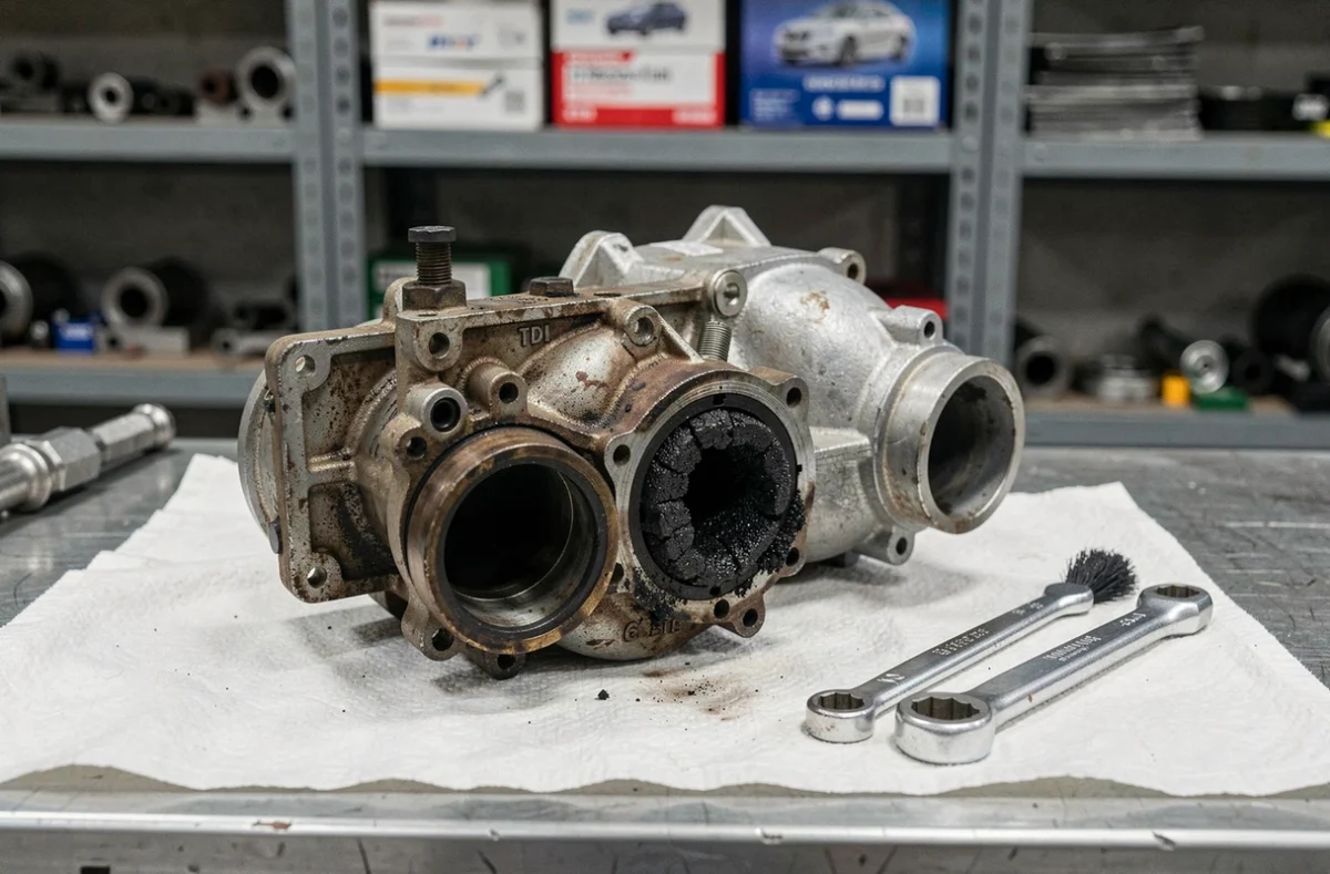 Vanne EGR encrassée d'un moteur 1.6 TDI démontée sur établi, dépôts de carbone liés aux trajets urbains courts