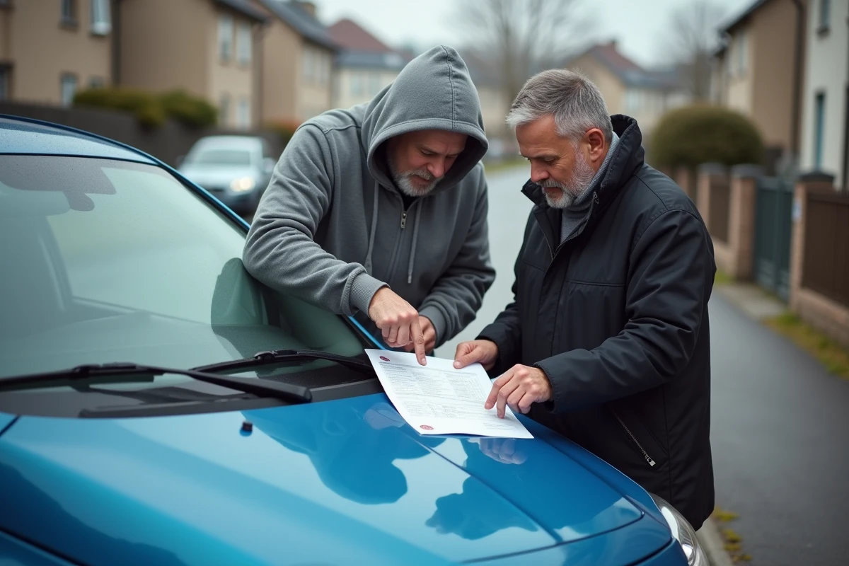 Deux hommes inspectant une carte grise posée sur le capot d'une voiture lors d'une transaction de vente de véhicule d'occasion