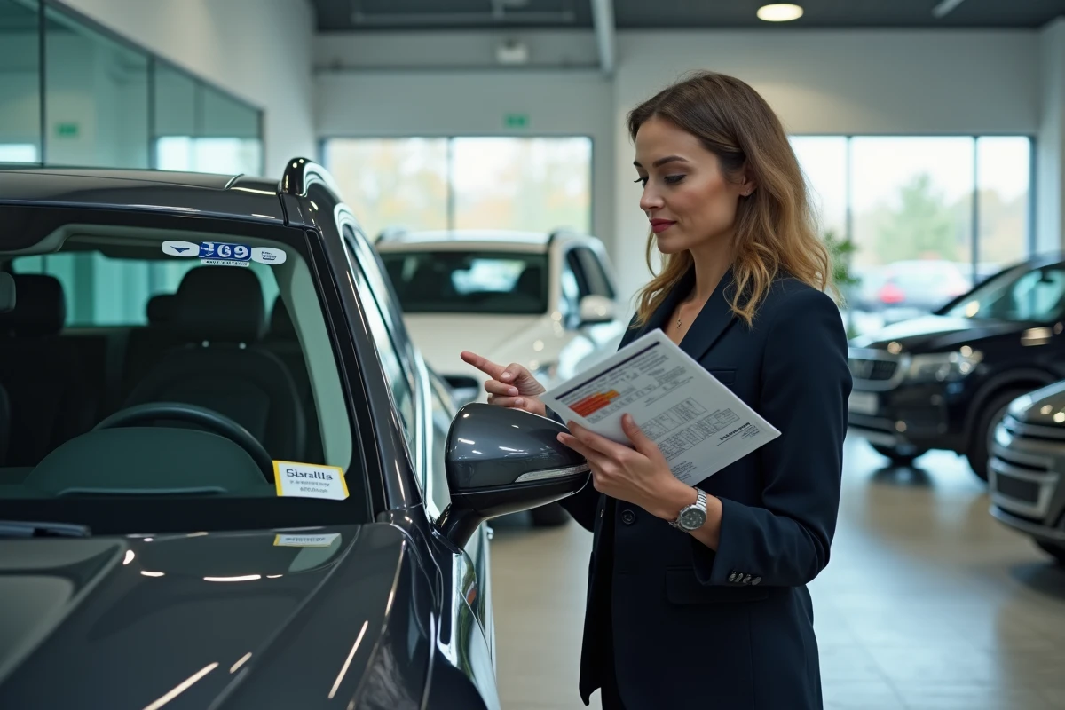 Vendeuse automobile expliquant le malus écologique sur la fiche technique d'un SUV en concession