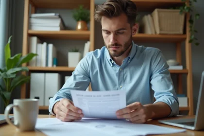Homme vérifiant un document officiel de permis de conduire sur un bureau en bois dans un bureau à domicile