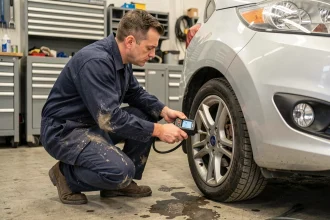 Mécanicien vérifiant la pression des pneus d'une Ford Fiesta avec un manomètre numérique dans un garage