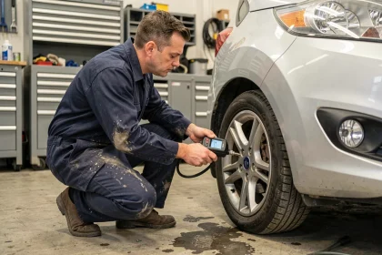 Mécanicien vérifiant la pression des pneus d'une Ford Fiesta avec un manomètre numérique dans un garage