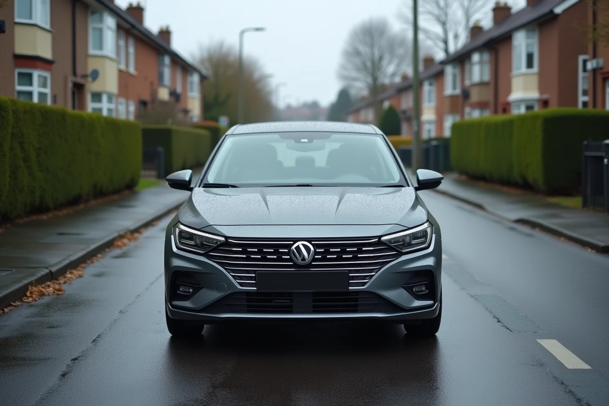 Voiture compacte moderne garée en zone résidentielle illustrant un véhicule de 110 chevaux et son impact fiscal