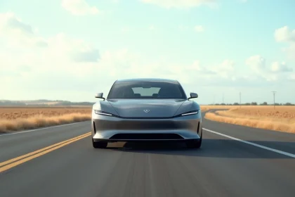 Voiture électrique longue autonomie garée sur une autoroute avec paysage de campagne à l'horizon