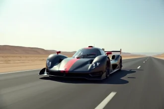 Voiture de sport aérodynamique roulant à grande vitesse sur une autoroute désertique illustrant la vitesse de 180 mph en km/h