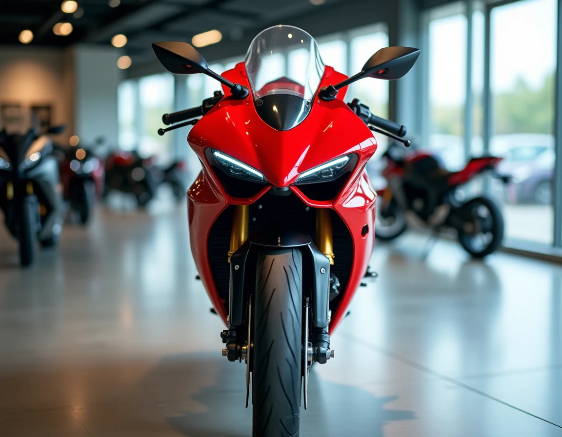 Yamaha R7 rouge et noire exposée dans une concession moto moderne avec sol en béton poli